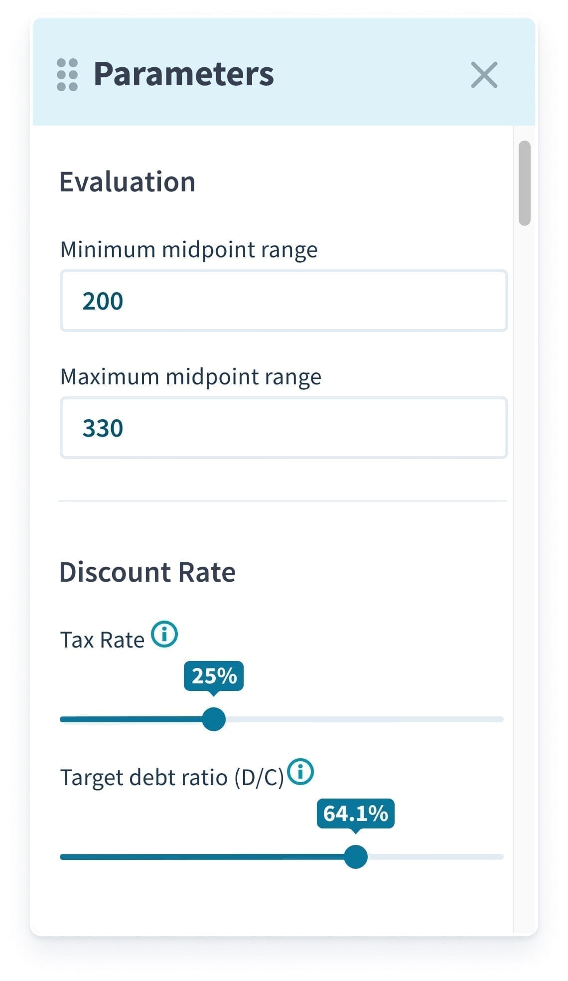 Valutico Bewertungsparameter Screenshot